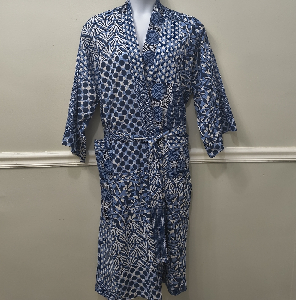 Sievya Unisex Kimono Blue Patchwork Artistic Print Robe OS Lounging Relaxed Fit